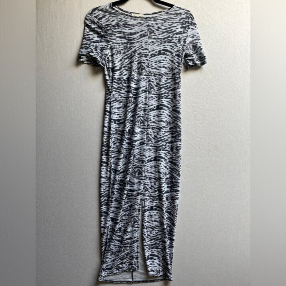 Open Edit Gray White Animal Print Pattern Bodycon Short Sleeve Midi Dress Sz XS
